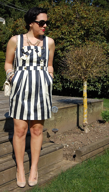 Vertical striped dress and Chanel flap bag