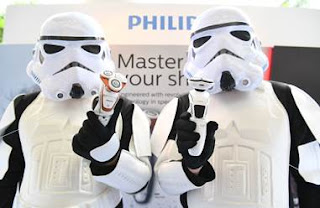 Source: Philips. Stormtroopers pose with the BB8-inspired shaver (left) and the Stormtrooper-inspired shaver (right).