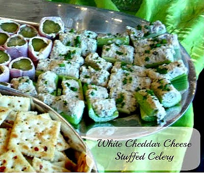 White Cheddar Cheese Stuffed Celery, a lovely appetizer made with simple ingredients, white cheddar cheese, cream cheese, mayonnaise, black olives, and fresh chopped chives.  Perfect to serve at baby showers, brunches, and even for an afternoon snack
