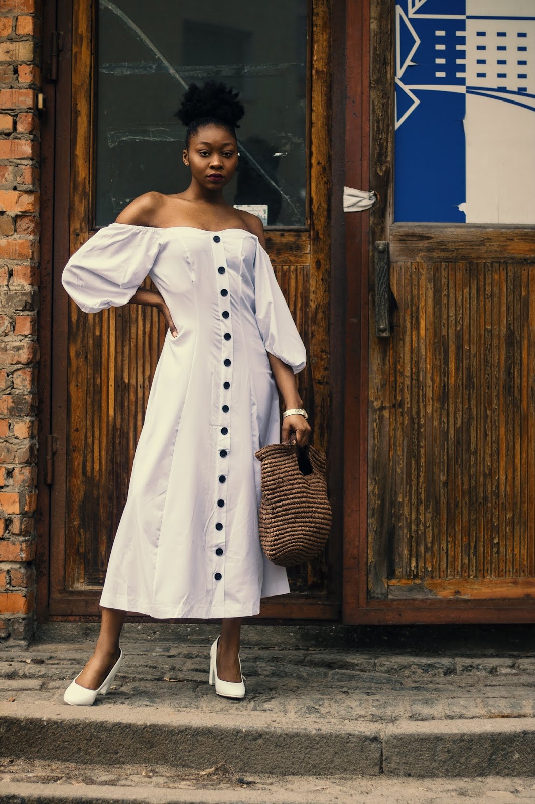 Dropship dresses: White Off Shoulder Puff Sleeve Button Front Vintage Dress