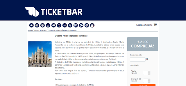 Ticketbar para ingressos para o Duomo de Milão sem filas Ticketbar para ingressos para o Duomo de Milão sem filas