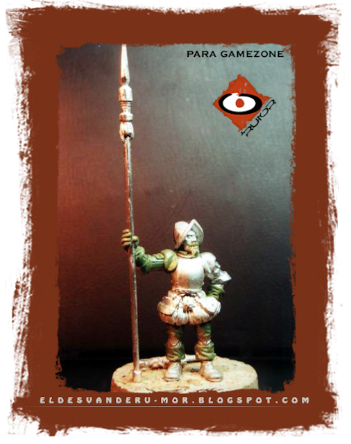 Miniatura diseñada y esculpida por ªRU-MOR para gamezone, de los tercios del Imperio a escala warhammer fantasy. Representa a un piquero