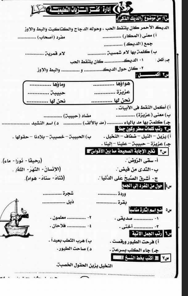 نماذج امتحانات لغة عربية للصف الثاني الابتدائي الترم الأول 2019