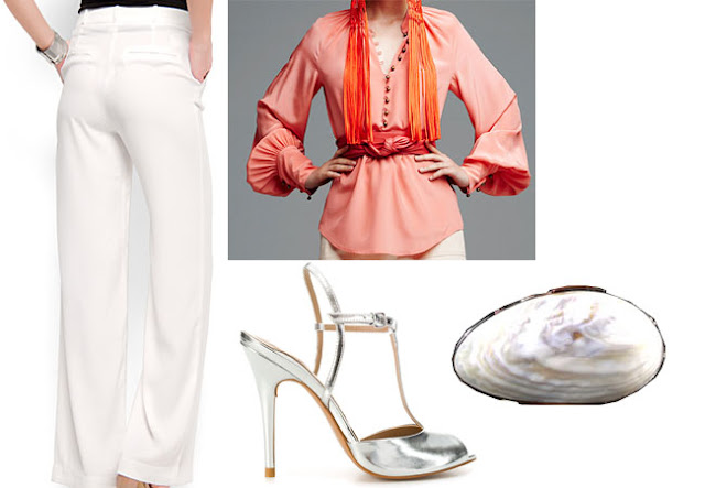 wide trousers, elegant look, zara silver sandals,spring look, white look,armani privè shell clutch