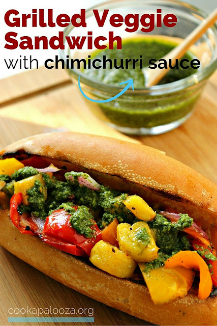 Grilled bell peppers, red onion, and pineapple topped with chimichurri sauce on a toasted bun.