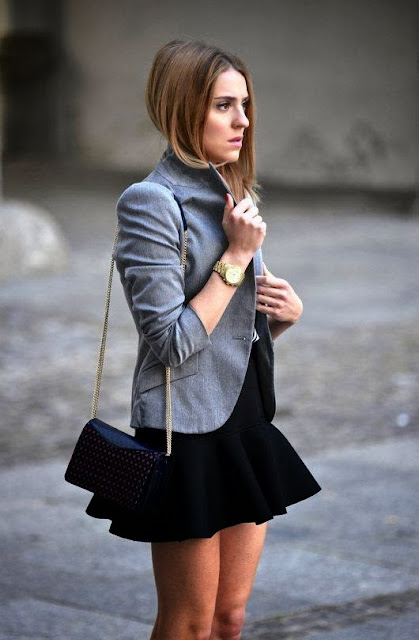 Grey Color Coat And Mini Black Skirt