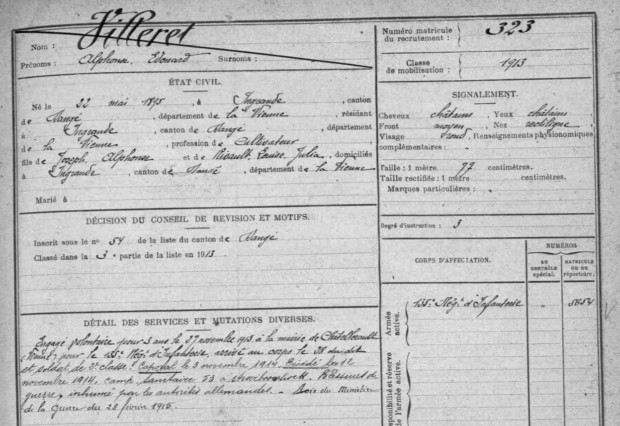 Mémoire des poilus de la Vienne VILLERET Alphonse Edouard