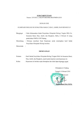 Hasil Babak Penyisihan Olimpiade Biologi Tingkat SMA Se-Sumatera Barat, Riau, Jambi, dan Bengkulu 2016