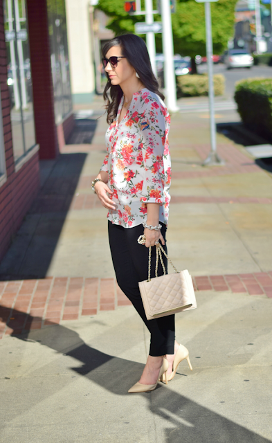 Floral top for work with nude accessories