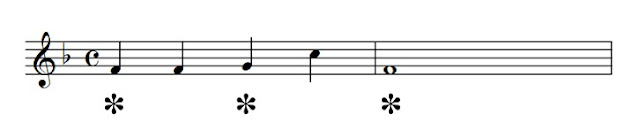 Choose chords at the places marked * to fit the melody lines at the following cadence, which is in F major