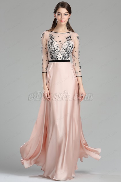  eDressit Pink & Black Embroidery Long Dress with Sleeves