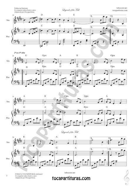 2 Legends of the Fall Sheet Music for Tenor and Soprano Sax