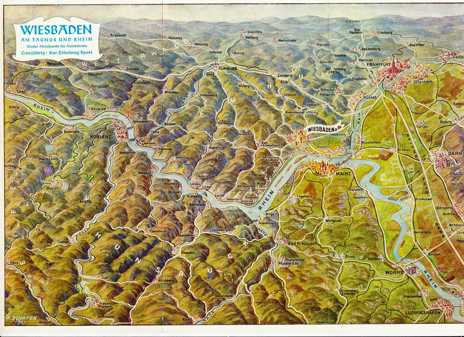 Papergreat: Circa 1951 illustrated map of Taunus and Rhine, West Germany Papergreat: Circa 1951 illustrated map of Taunus and Rhine, West Germany