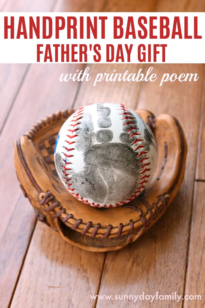 A sweet twist on a handprint Father's Day gift for baseball loving dads. Preserve your baby or toddler's handprint on a baseball for Dad. With free printable poem!