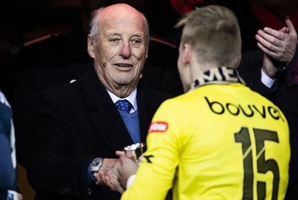 King Harald, Crown Princess Mette-Marit and Prime Minister Erna Solberg attend the cup final between Haugesund and Viking