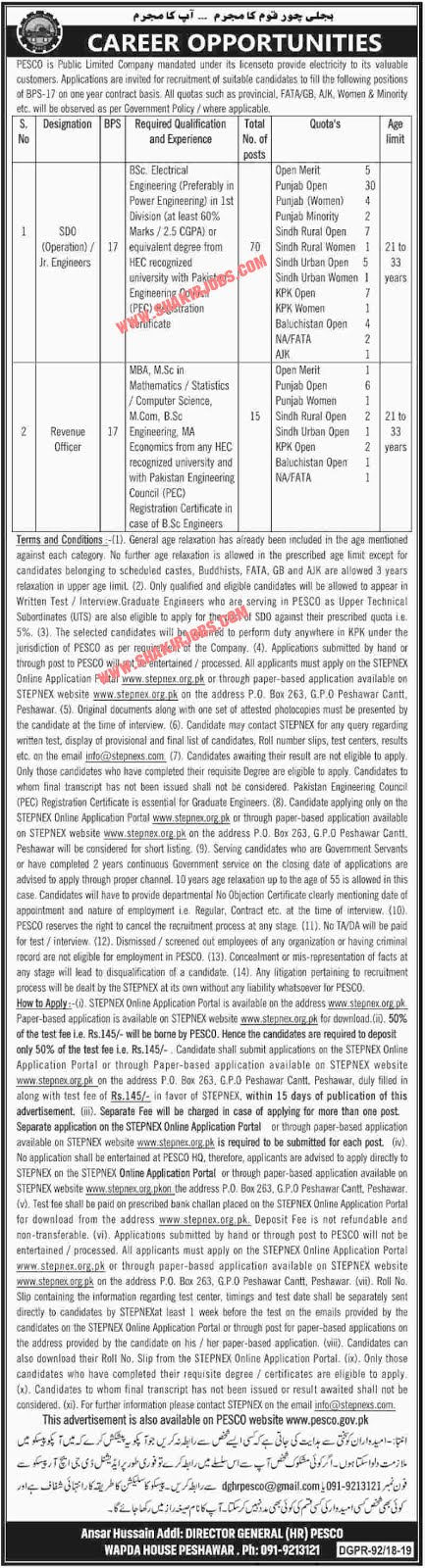 Peshawar Electric Supply Company PESCO Jobs 2019 SDO & Revenue Officer through STEPNEX