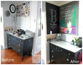 BEFORE and AFTER of command center with Formica wall and counter surfaces