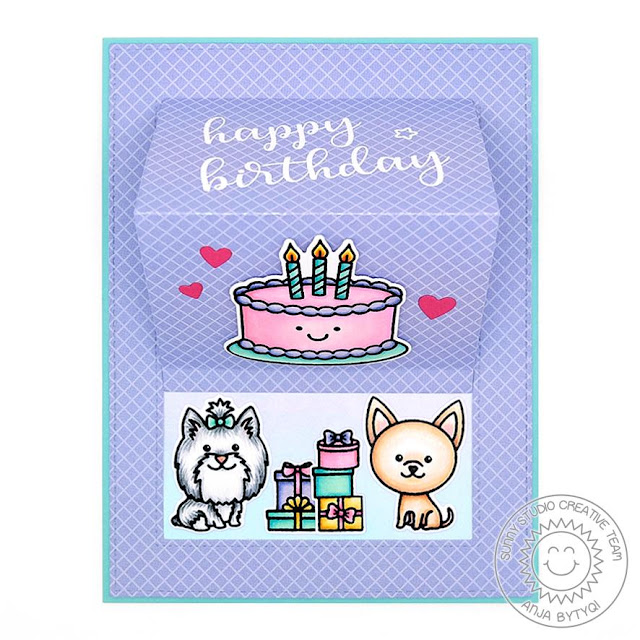 Sunny Studio Stamps: Puppy Dog Kisses Fancy Frames Dies Sliding Window Dies Happy Birthday Card by Anja Bytyqi