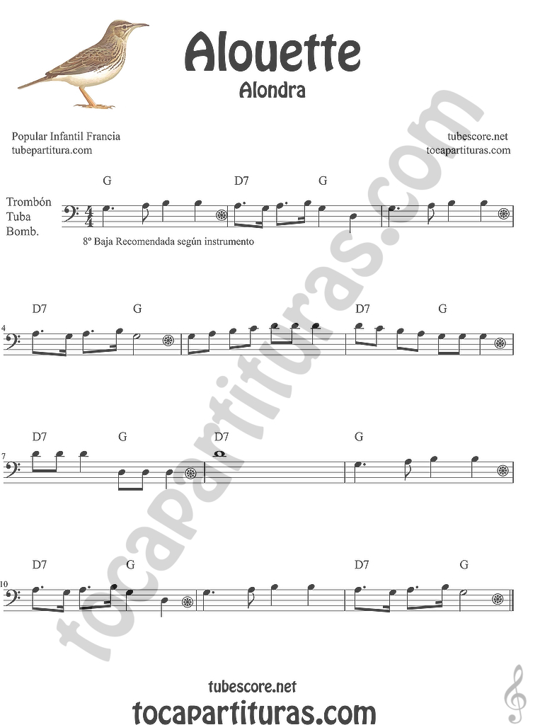 tocapartituras Alouette (Alondra) Canción infantil Partitura de Flauta