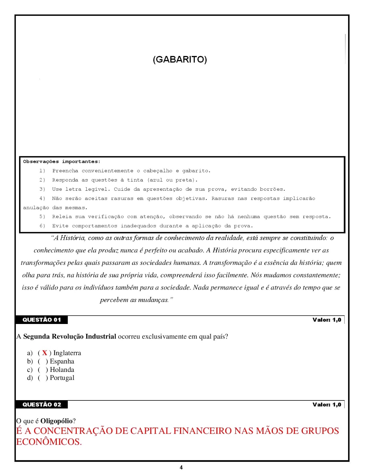 Prova De História 9 Ano Com Gabarito - EDUCA