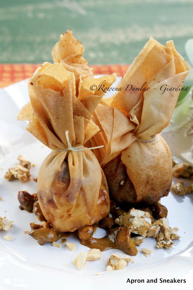 Plantain Pouches With Nougat & Rum Caramel Sauce