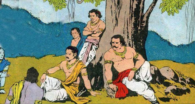 Pandavas under a large banyan tree