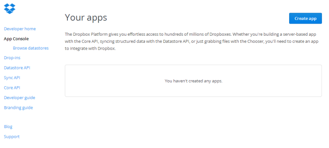 Dropbox App console