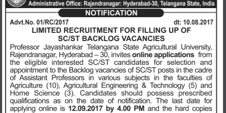 Professor Jayashankar Telangana State Agricultural University Recruitment 2017 SC, ST Backlog