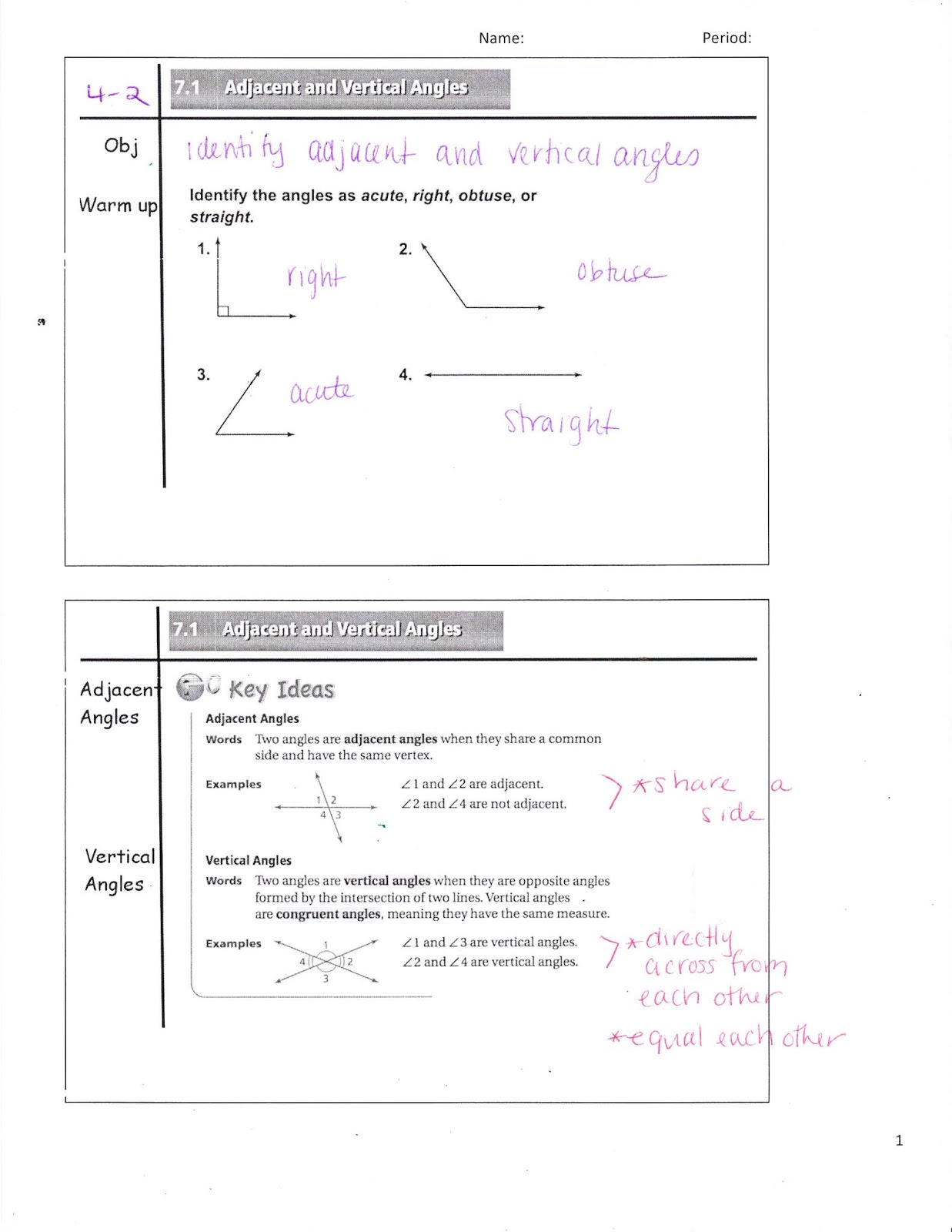 Ms. Jean's Classroom Blog: 7.2 Adjacent and Vertical Angles