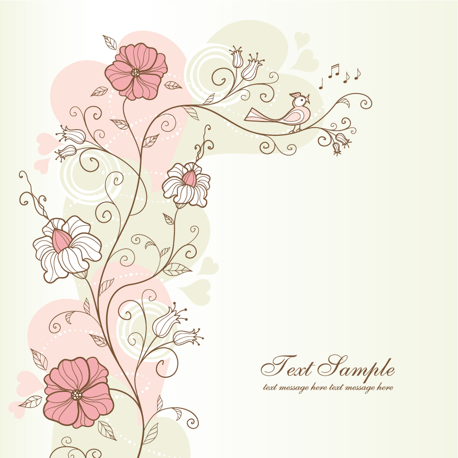 Free Vector がらくた素材庫 小鳥が囀る手書きの花柄背景 Handpainted Floral Background イラスト素材