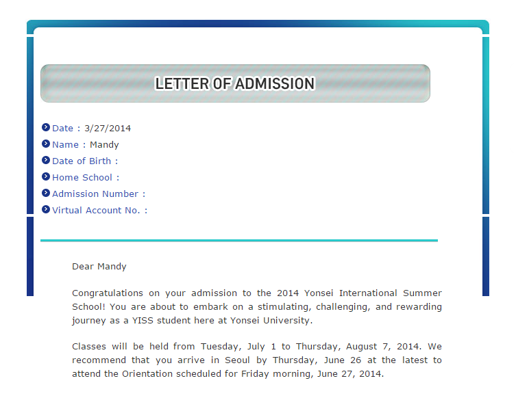 Yonsei University YISS 2014 acceptance