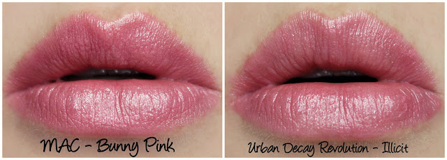 MAC Bunny Pink vs Urban Decay Revolution Illicit lipstick comparison swatches