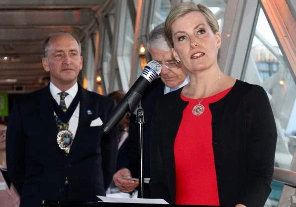 Vice-patron of Queen Elizabeth Diamond Jubilee Trust, Countess Sophie of Wessex wore Alaia Cropped knitted cardigan and Scalloped stripe knit dress