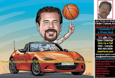 Car dealer caricature billboard digital ad illustration 