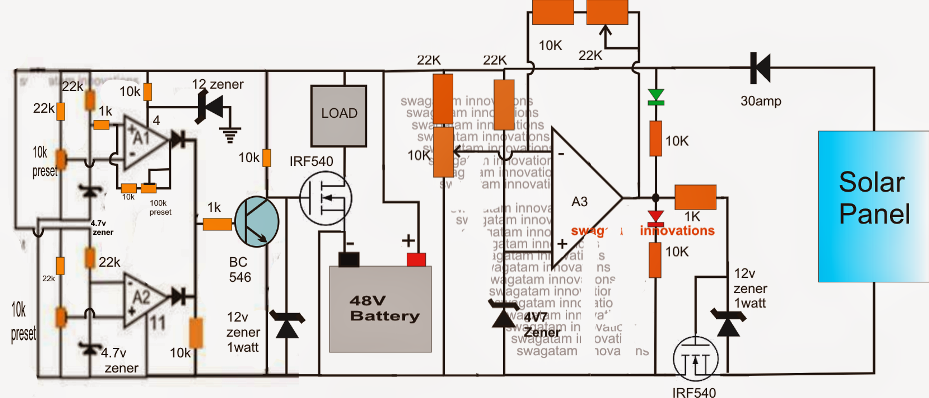 48V Solar Battery Charger Circuit with High/Low Cut-off | Circuit Diagram Centre