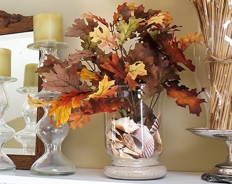 decorating idea for Fall with leaves in a vase