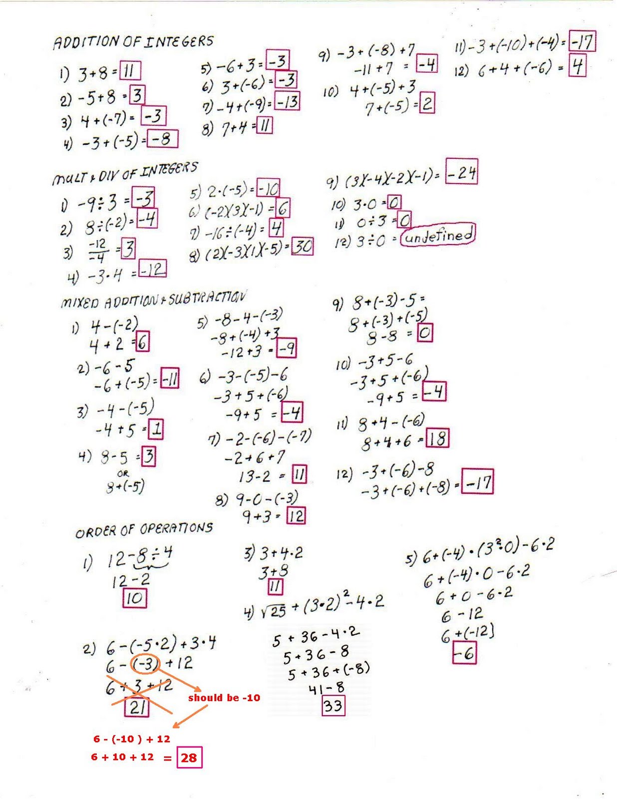 Order Of Operations Worksheet With Integers