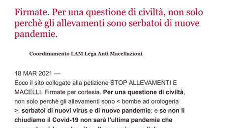 Firmate. Per una questione di civiltà, non solo perchè gli allevamenti sono serbatoi di nuove pande