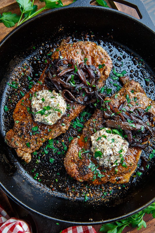 Pan Seared Steaks with Balsamic Red Onions and Roasted Garlic and Porcini Mushroom Goat Cheese Butter Pan Seared Steaks with Balsamic Red Onions and Roasted Garlic and Porcini Mushroom Goat Cheese Butter