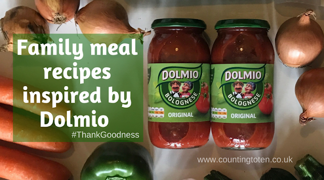 2 jars of Dolmio original Bolognese sauce surrounded by vegetables with title text "Family meal recipes inspired by Dolmio"