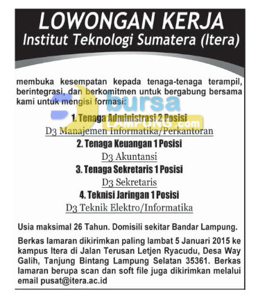 Lowongan Kerja Institut Teknologi Sumatera (ITERA)