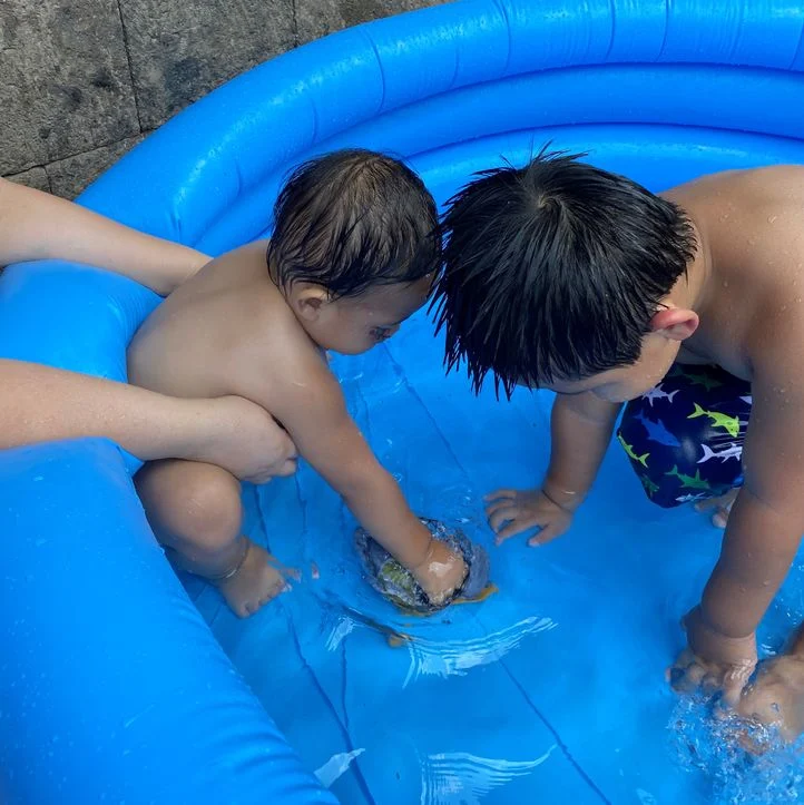 Two kids enjoying the water in an inflatable kiddie pool