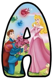 Abecedario con el Príncipe Llevándole Flores a la Princesa Aurora. La Bella Durmiente.