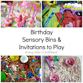 Birthday sensory bins and invitations to play