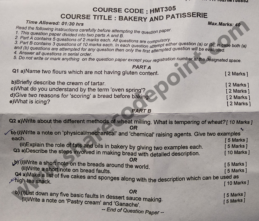 HMT305 Bakery And Patisserie Mid Term Exam Question Paper HMT 305