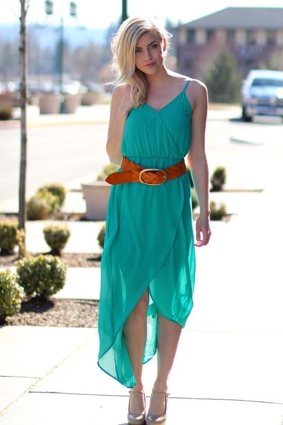 Fashion trends Teal maxi dress with brown belt Luvtolook Virtual
