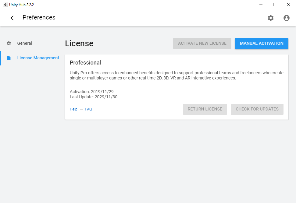 Unity Hub's license manager
