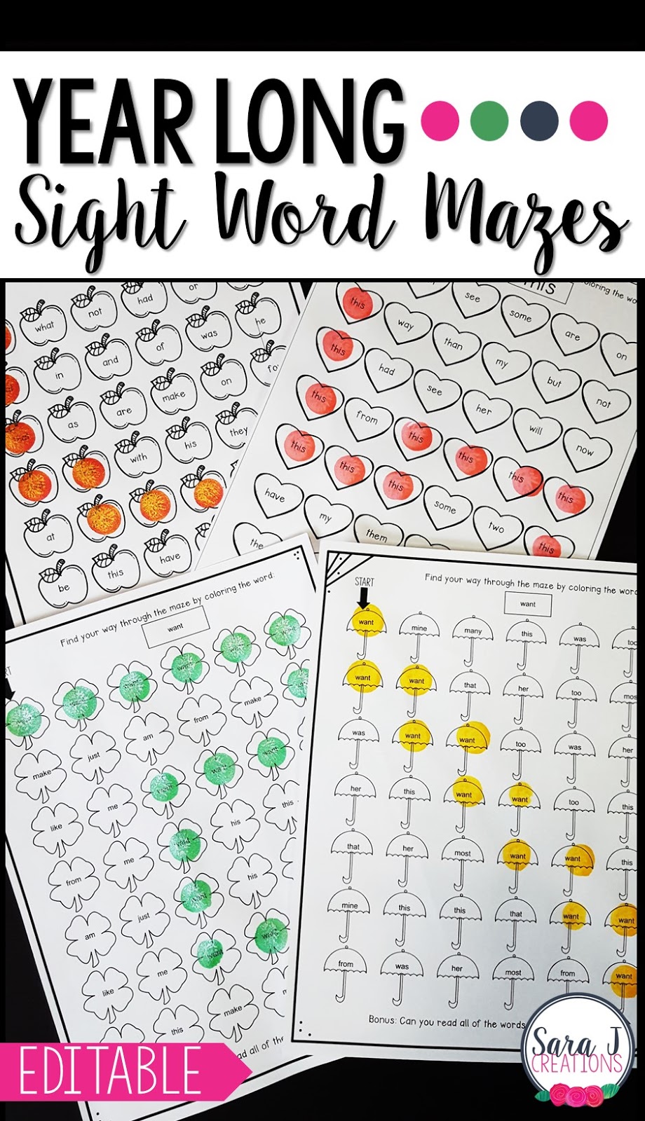 Sight word mazes (growing bundle) make the perfect printable practice activities for reviewing sight words.  Fully editable and different mazes for each month of the year - year round practice.