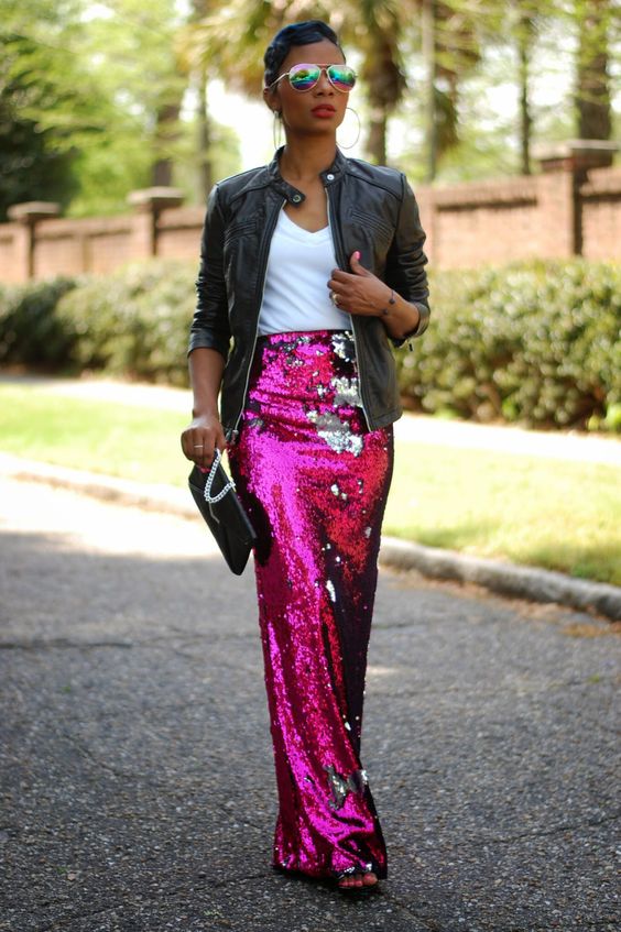 Street style Pink sequined maxi skirt with aviator sunglasses and leather jacket Just a