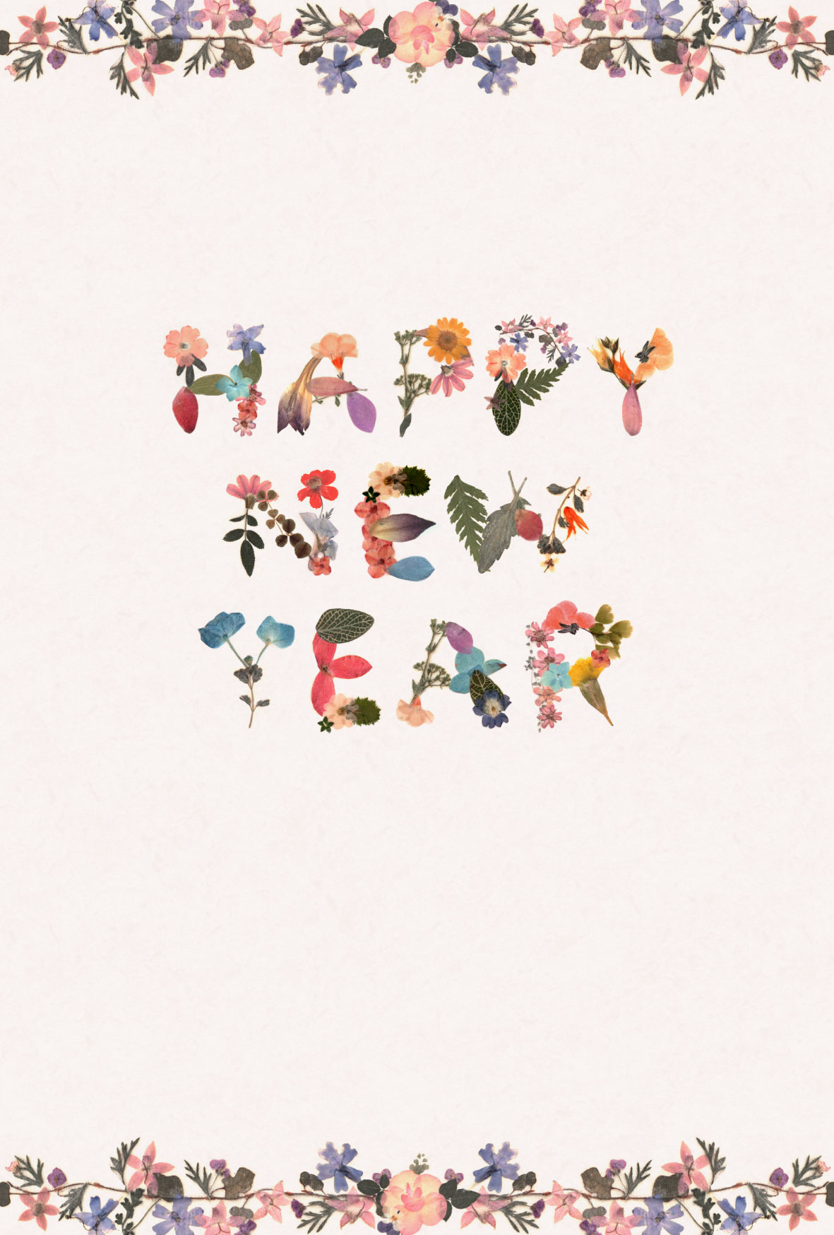 happy new year」の押し花デザインの年賀状テンプレート | かわいい無料
